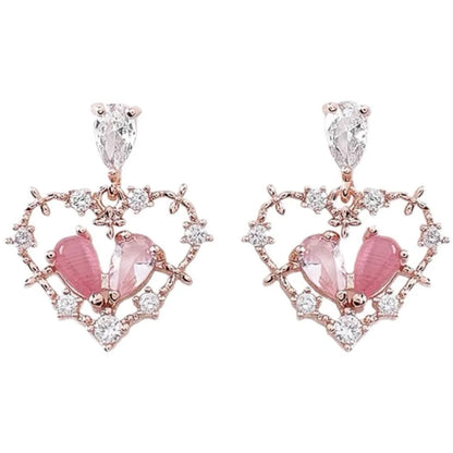 1 Pair Sweet Heart Shape Plating Inlay Alloy Rhinestones Drop Earrings