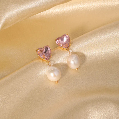 1 Pair Sweet Heart Shape Plating Inlay Imitation Pearl Copper Rhinestones 18k Gold Plated Drop Earrings