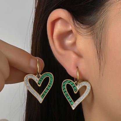 1 Pair Sweet Heart Shape Polishing Plating Inlay Titanium Steel Rhinestones Drop Earrings