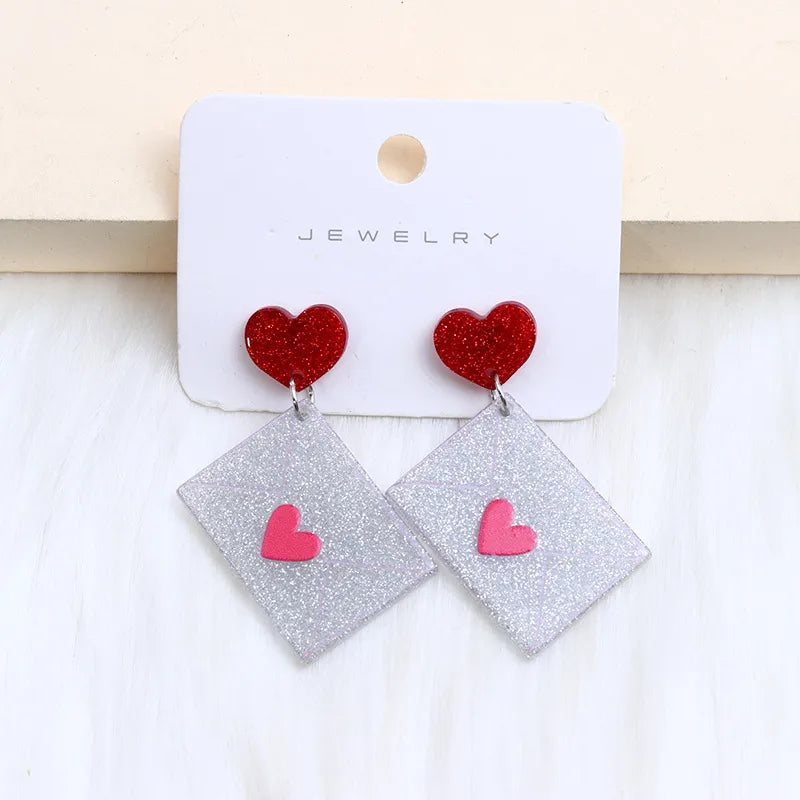 1 Pair Sweet Heart Shape Printing Arylic Drop Earrings