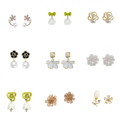 1 Pair Sweet Heart Shape Rose Flower Inlay Imitation Pearl Alloy Rhinestones Earrings