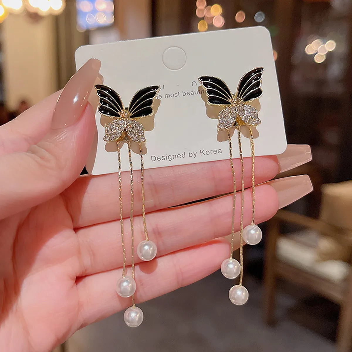 1 Pair Sweet Korean Style Butterfly Enamel Inlay Alloy Rhinestones Pearl Gold Plated Drop Earrings