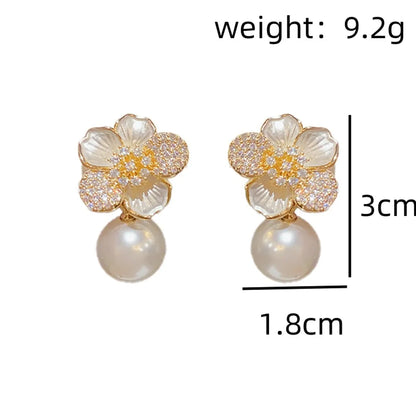 1 Pair Sweet Korean Style Flower Inlay Alloy Rhinestones Pearl Gold Plated Drop Earrings