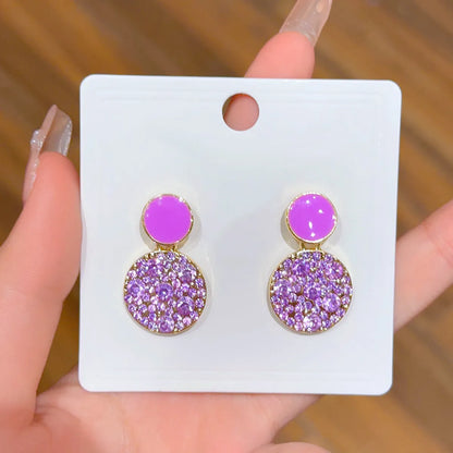 1 Pair Sweet Korean Style Round Enamel Inlay Alloy Rhinestones Drop Earrings