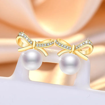 1 Pair Sweet Leaf Crown Bow Knot Imitation Pearl Copper Inlay Rhinestones Earrings