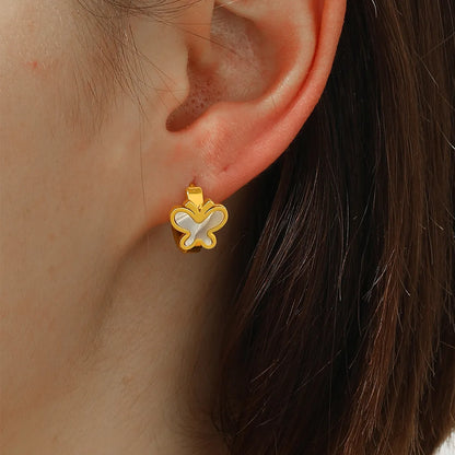 1 Pair Sweet Maple Leaf Heart Shape Butterfly Stainless Steel Plating Inlay Shell Gold Plated Hoop Earrings