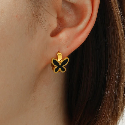 1 Pair Sweet Maple Leaf Heart Shape Butterfly Stainless Steel Plating Inlay Shell Gold Plated Hoop Earrings