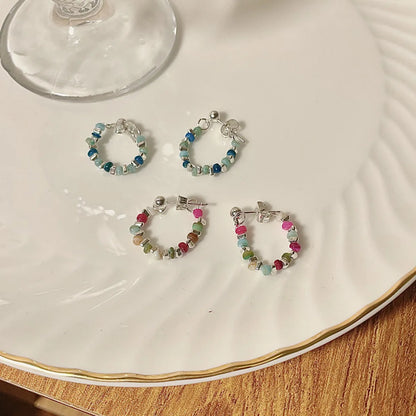 1 Pair Sweet Multicolor Beaded Natural Stone Sterling Silver Hoop Earrings