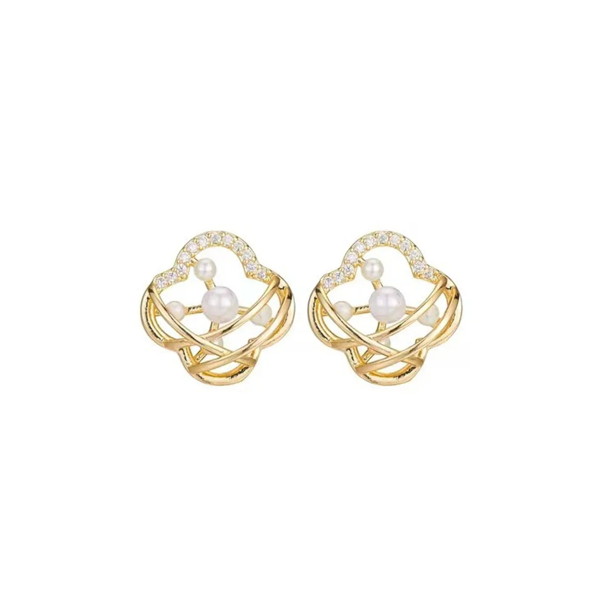 1 Pair Sweet Pastoral Artistic Printing Hollow Out Inlay Copper Pearl Zircon 18K Gold Plated Ear Studs