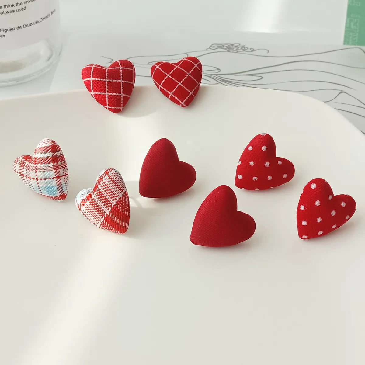 1 Pair Sweet Plaid Polka Dots Heart Shape Cloth Resin Ear Studs