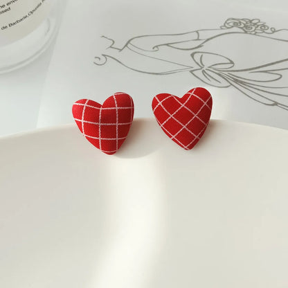 1 Pair Sweet Plaid Polka Dots Heart Shape Cloth Resin Ear Studs