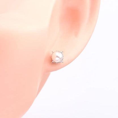 1 Pair Sweet Round Inlay Sterling Silver Pearl Ear Studs