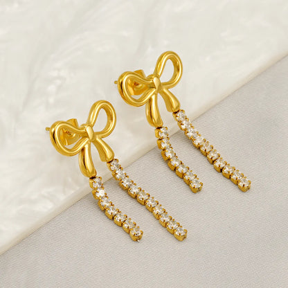 1 Pair Sweet Shiny Bow Knot Inlay 304 Stainless Steel Zircon 18K Gold Plated Drop Earrings