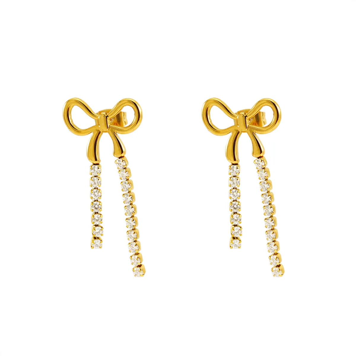 1 Pair Sweet Shiny Bow Knot Inlay 304 Stainless Steel Zircon 18K Gold Plated Drop Earrings