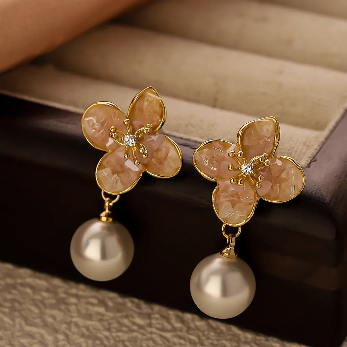 1 Pair Sweet Shiny Flower Inlay Copper Crystal Pearl Zircon 14K Gold Plated Drop Earrings