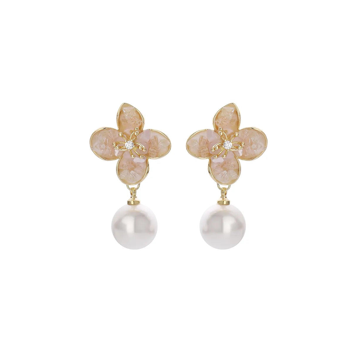 1 Pair Sweet Shiny Flower Inlay Copper Crystal Pearl Zircon 14K Gold Plated Drop Earrings