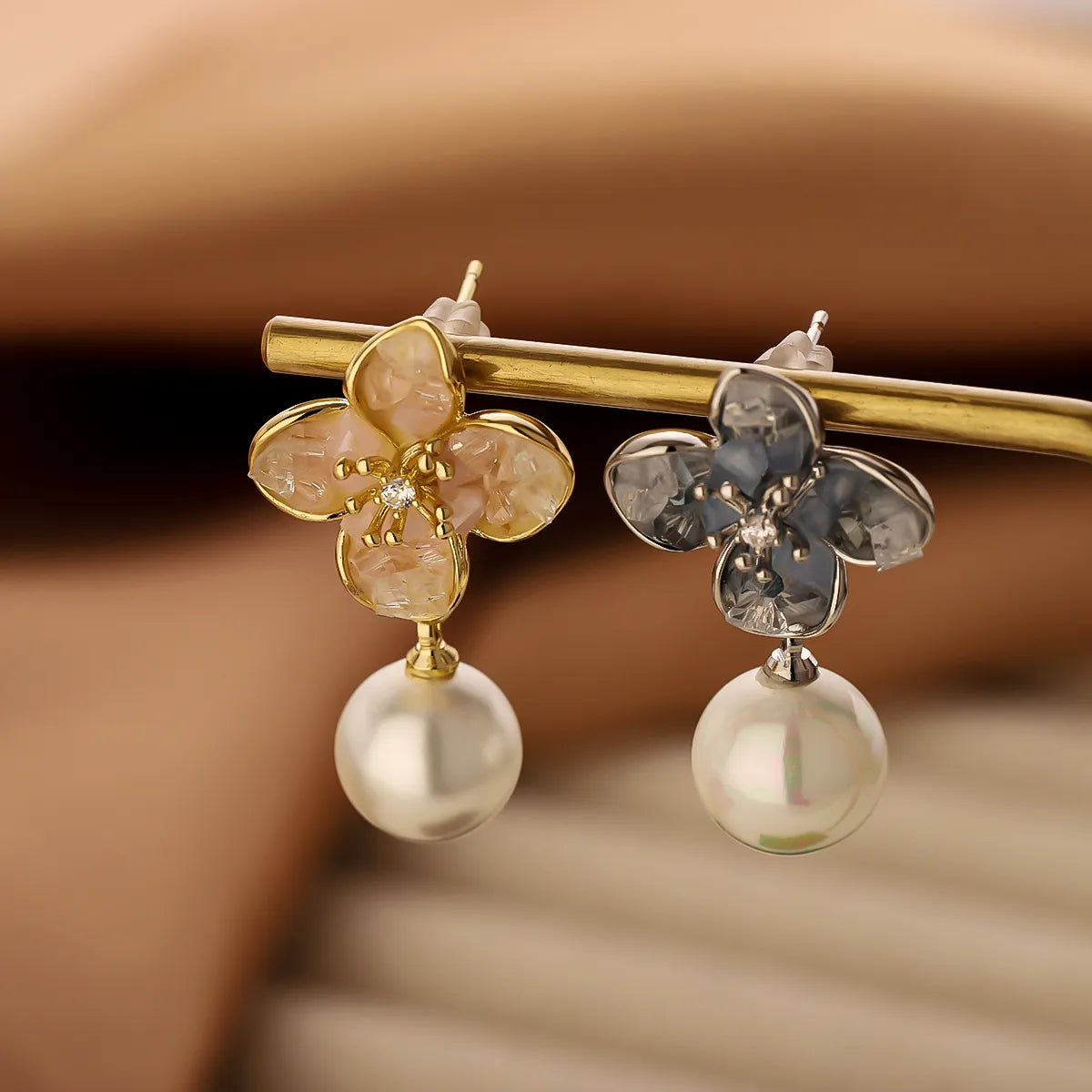 1 Pair Sweet Shiny Flower Inlay Copper Crystal Pearl Zircon 14K Gold Plated Drop Earrings