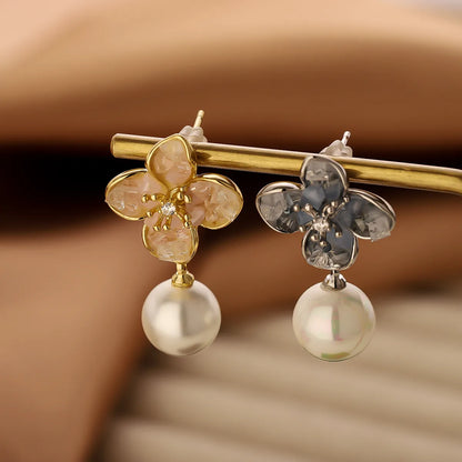 1 Pair Sweet Shiny Flower Inlay Copper Crystal Pearl Zircon 14K Gold Plated Drop Earrings