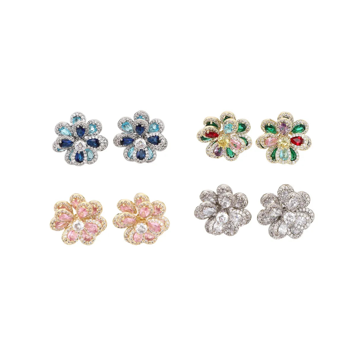 1 Pair Sweet Shiny Flower Layered Plating Inlay Copper Zircon White Gold Plated Gold Plated Ear Studs