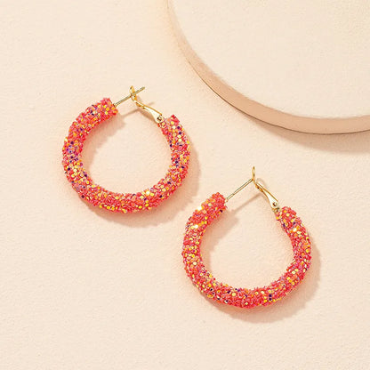 1 Pair Sweet Shiny O-Shape Handmade Inlay Soft Clay Artificial Rhinestones Hoop Earrings