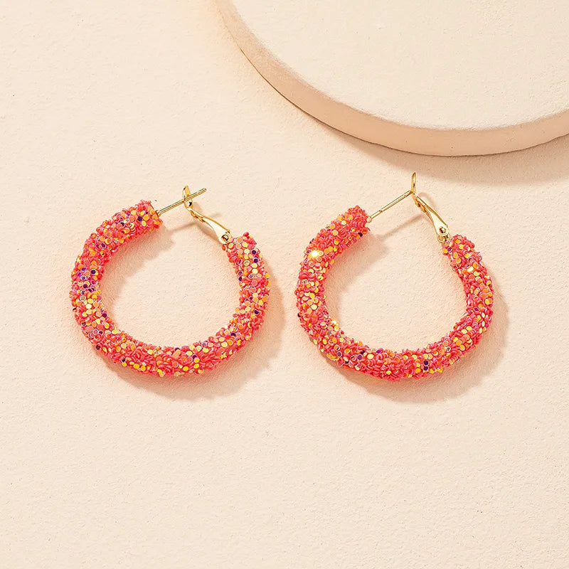 1 Pair Sweet Shiny O-Shape Handmade Inlay Soft Clay Artificial Rhinestones Hoop Earrings