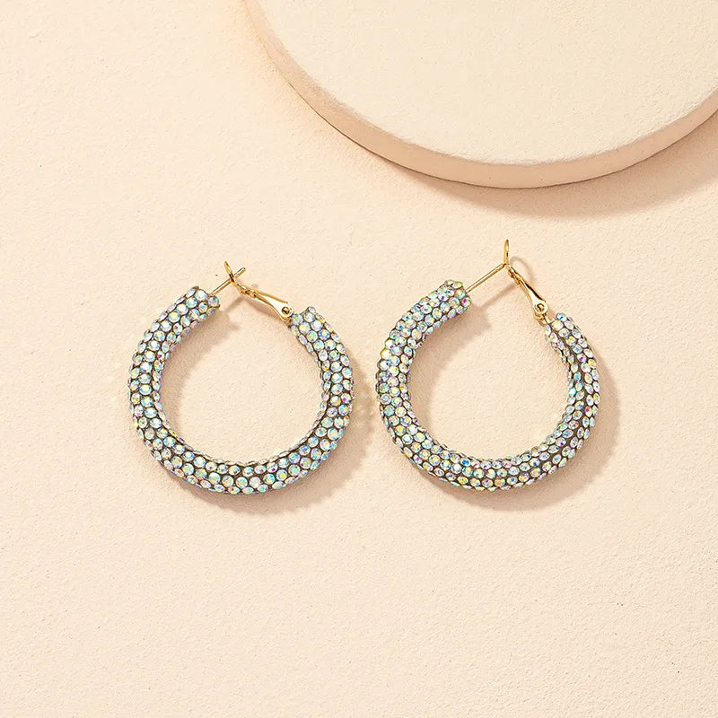 1 Pair Sweet Shiny O-Shape Handmade Inlay Soft Clay Artificial Rhinestones Hoop Earrings