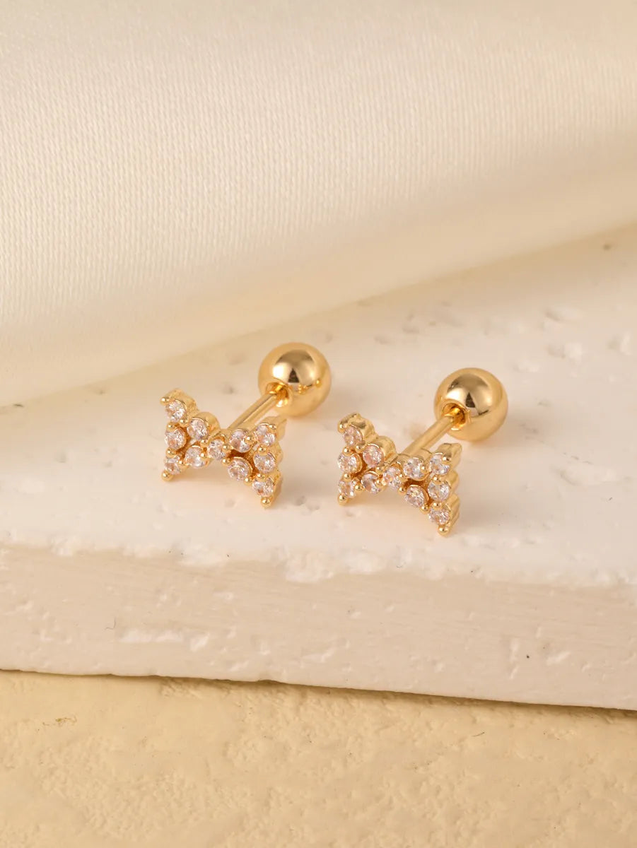 1 Pair Sweet Shiny Star Flower Bow Knot Plating Diamond Copper Zircon Gold Plated Ear Studs