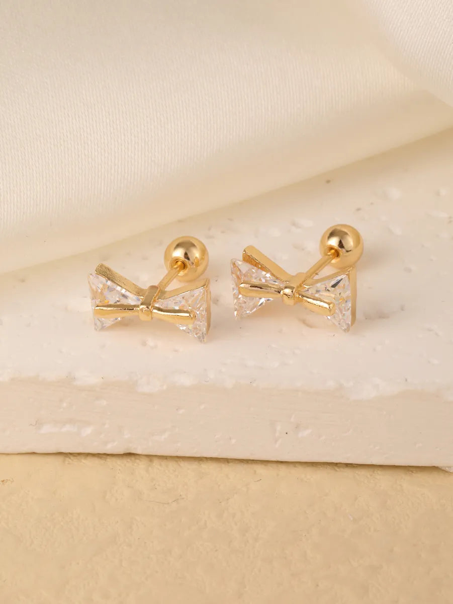 1 Pair Sweet Shiny Star Flower Bow Knot Plating Diamond Copper Zircon Gold Plated Ear Studs