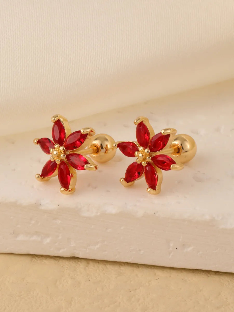 1 Pair Sweet Shiny Star Flower Bow Knot Plating Diamond Copper Zircon Gold Plated Ear Studs