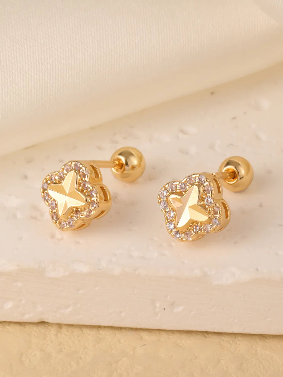 1 Pair Sweet Shiny Star Flower Bow Knot Plating Diamond Copper Zircon Gold Plated Ear Studs