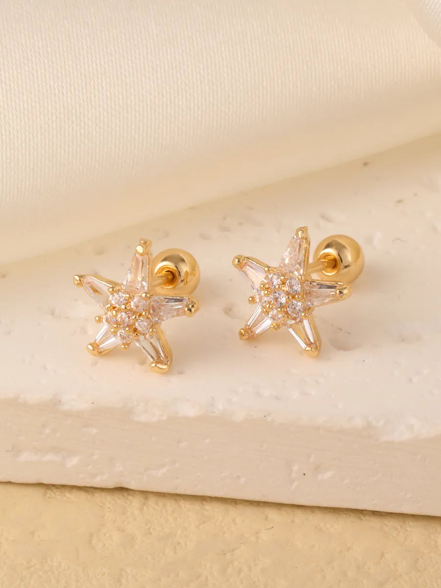 1 Pair Sweet Shiny Star Flower Bow Knot Plating Diamond Copper Zircon Gold Plated Ear Studs