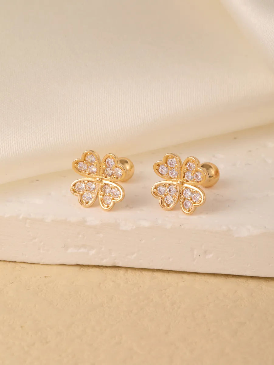 1 Pair Sweet Shiny Star Flower Bow Knot Plating Diamond Copper Zircon Gold Plated Ear Studs