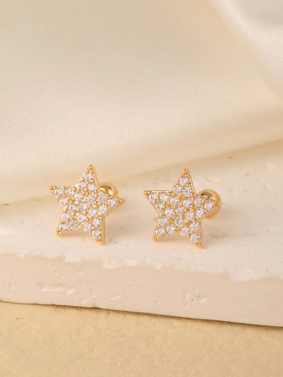 1 Pair Sweet Shiny Star Flower Bow Knot Plating Diamond Copper Zircon Gold Plated Ear Studs