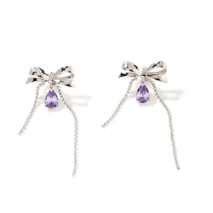 1 Pair Sweet Shiny Water Droplets Bow Knot Three-Dimensional Chain Inlay Copper Zircon Rhodium Plated Drop Earrings