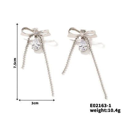 1 Pair Sweet Shiny Water Droplets Bow Knot Three-Dimensional Chain Inlay Copper Zircon Rhodium Plated Drop Earrings