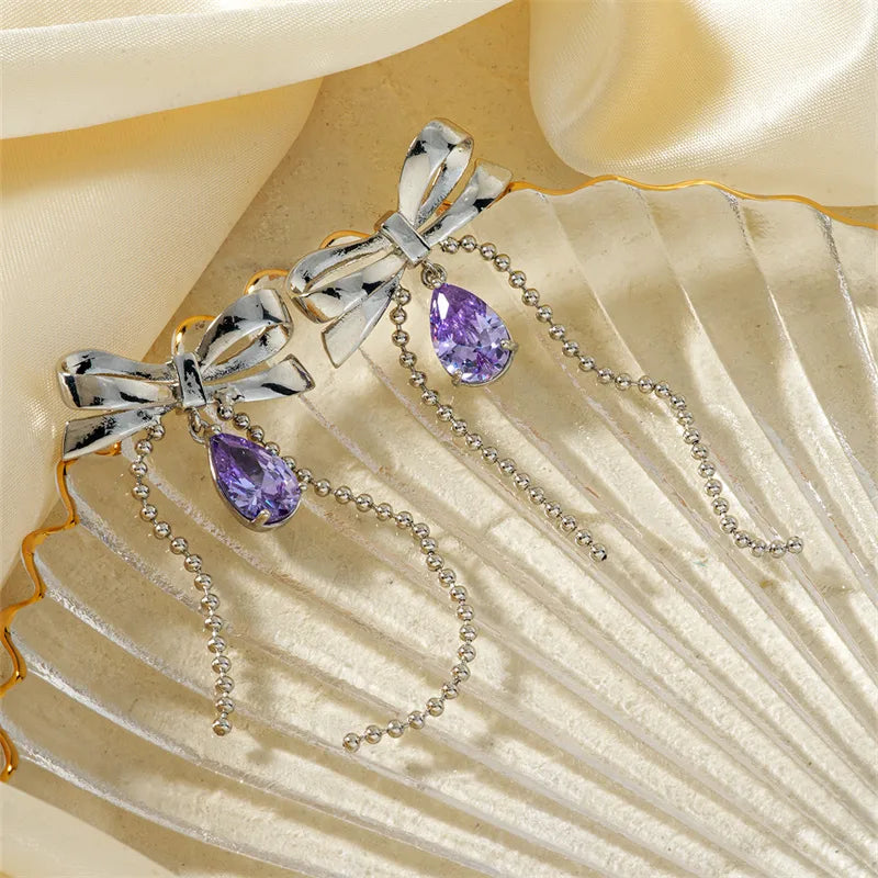 1 Pair Sweet Shiny Water Droplets Bow Knot Three-Dimensional Chain Inlay Copper Zircon Rhodium Plated Drop Earrings