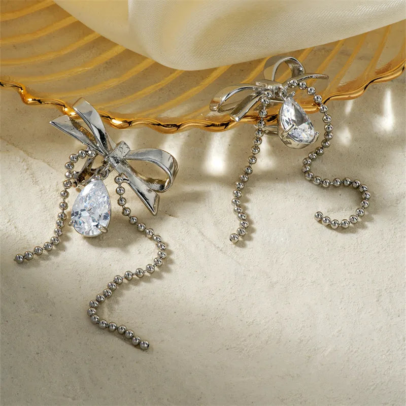 1 Pair Sweet Shiny Water Droplets Bow Knot Three-Dimensional Chain Inlay Copper Zircon Rhodium Plated Drop Earrings