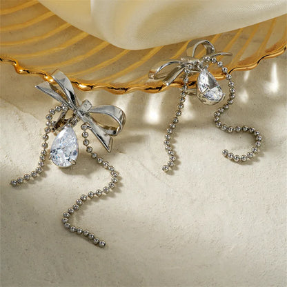 1 Pair Sweet Shiny Water Droplets Bow Knot Three-Dimensional Chain Inlay Copper Zircon Rhodium Plated Drop Earrings