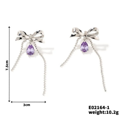 1 Pair Sweet Shiny Water Droplets Bow Knot Three-Dimensional Chain Inlay Copper Zircon Rhodium Plated Drop Earrings