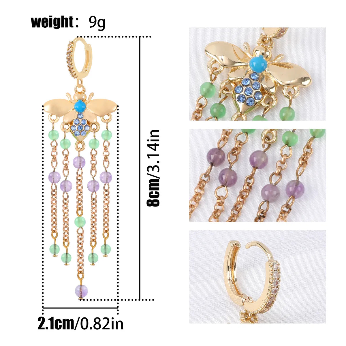 1 Pair Sweet Simple Style Butterfly Bow Knot Shell Beaded Tassel Inlay Natural Stone Copper Rhinestones Drop Earrings