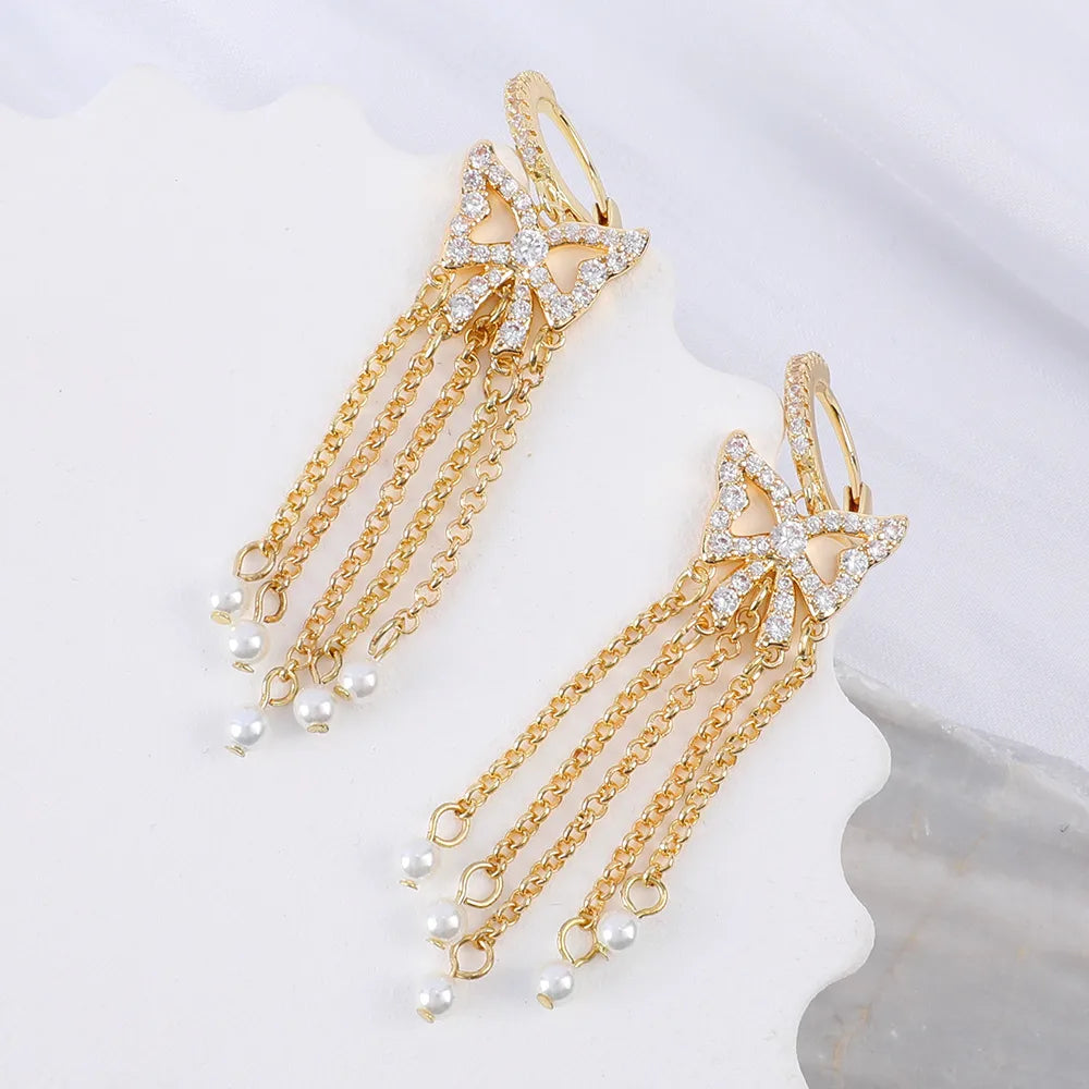 1 Pair Sweet Simple Style Butterfly Bow Knot Shell Beaded Tassel Inlay Natural Stone Copper Rhinestones Drop Earrings