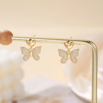 1 Pair Sweet Simple Style Butterfly Plating Inlay Copper Zircon 18k Gold Plated Drop Earrings