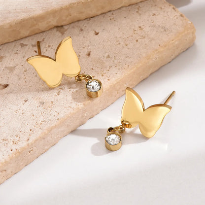 1 Pair Sweet Simple Style Butterfly Stainless Steel Plating Inlay Rhinestones 14k Gold Plated Drop Earrings