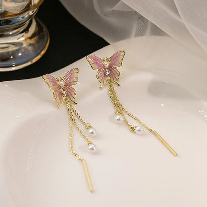 1 Pair Sweet Simple Style Butterfly Tassel Pearl Alloy Drop Earrings