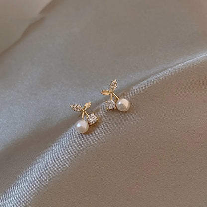 1 Pair Sweet Simple Style Cherry Plating Inlay Copper Pearl Zircon 14k Gold Plated Ear Studs