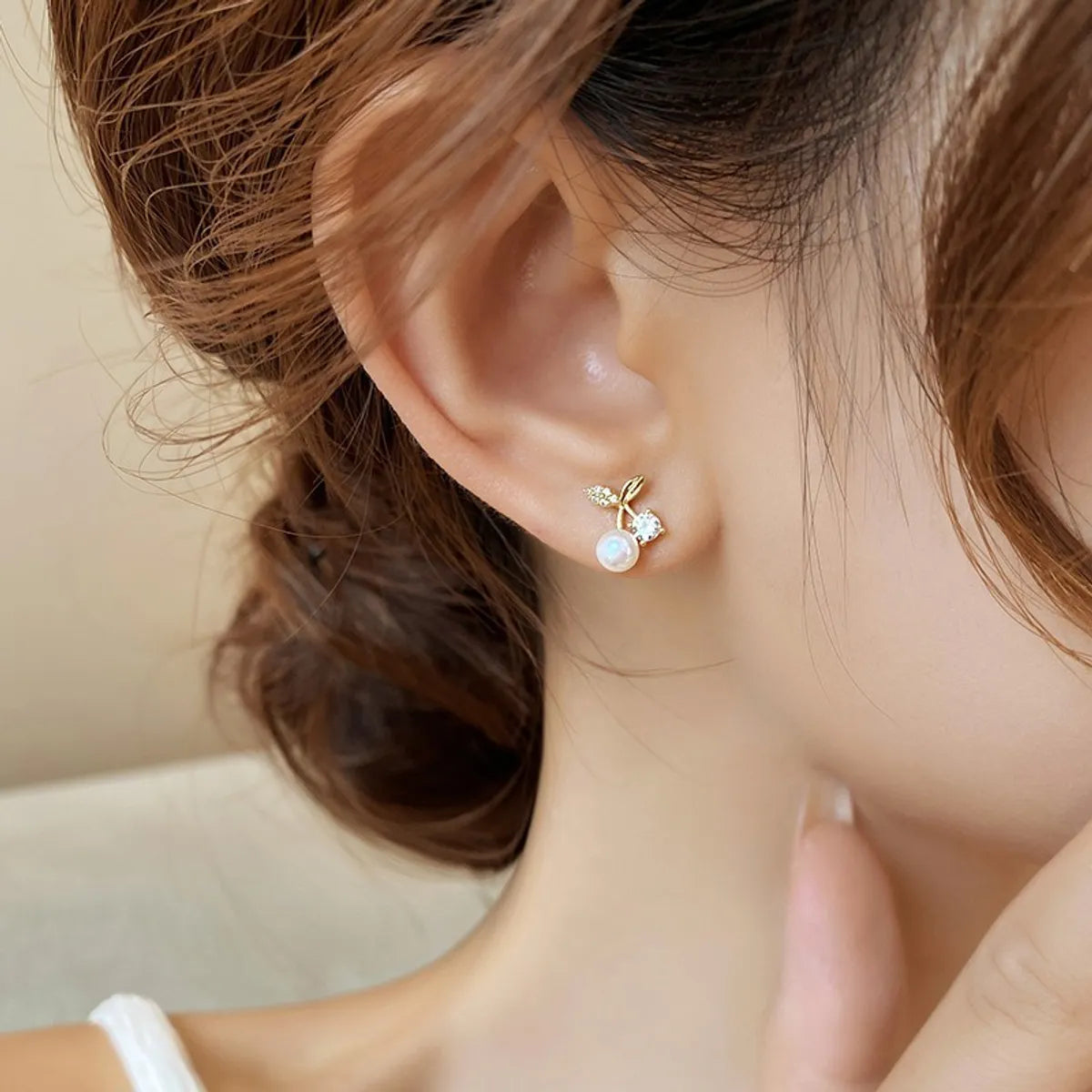 1 Pair Sweet Simple Style Cherry Plating Inlay Copper Pearl Zircon 14k Gold Plated Ear Studs