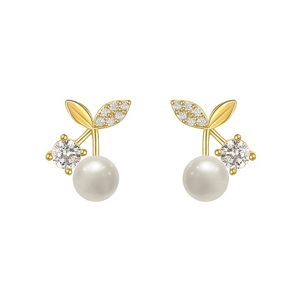 1 Pair Sweet Simple Style Cherry Plating Inlay Copper Pearl Zircon 14k Gold Plated Ear Studs