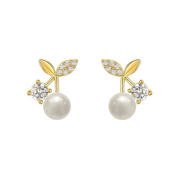 1 Pair Sweet Simple Style Cherry Plating Inlay Copper Pearl Zircon 14k Gold Plated Ear Studs