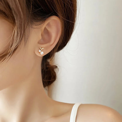 1 Pair Sweet Simple Style Cherry Plating Inlay Copper Pearl Zircon 14k Gold Plated Ear Studs