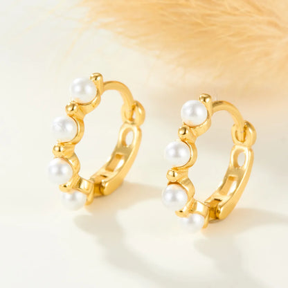 1 Pair Sweet Simple Style Classic Style Round Pearl Inlay Sterling Silver Artificial Pearls Gold Plated Earrings